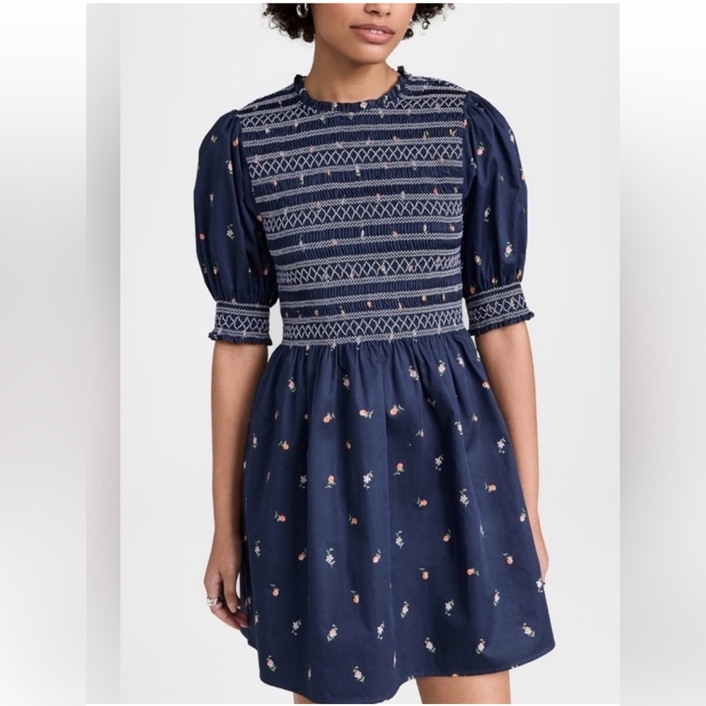 HILL HOUSE LRG Navy Blue Floral Embroidered Vivi Nap petite fleur Dress NW/OT